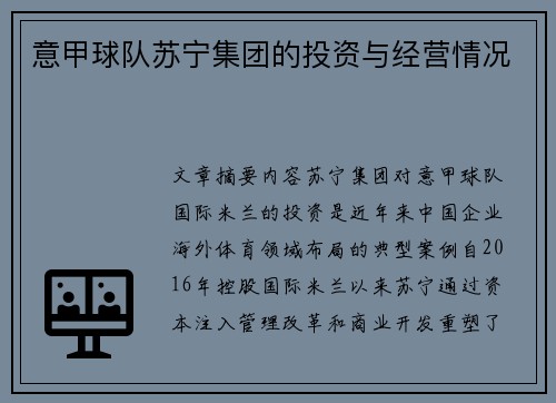意甲球队苏宁集团的投资与经营情况