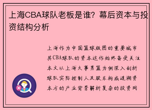 上海CBA球队老板是谁？幕后资本与投资结构分析