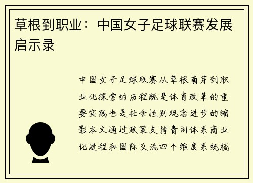 草根到职业：中国女子足球联赛发展启示录