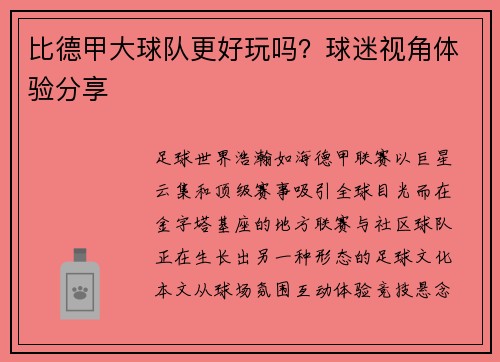 比德甲大球队更好玩吗？球迷视角体验分享